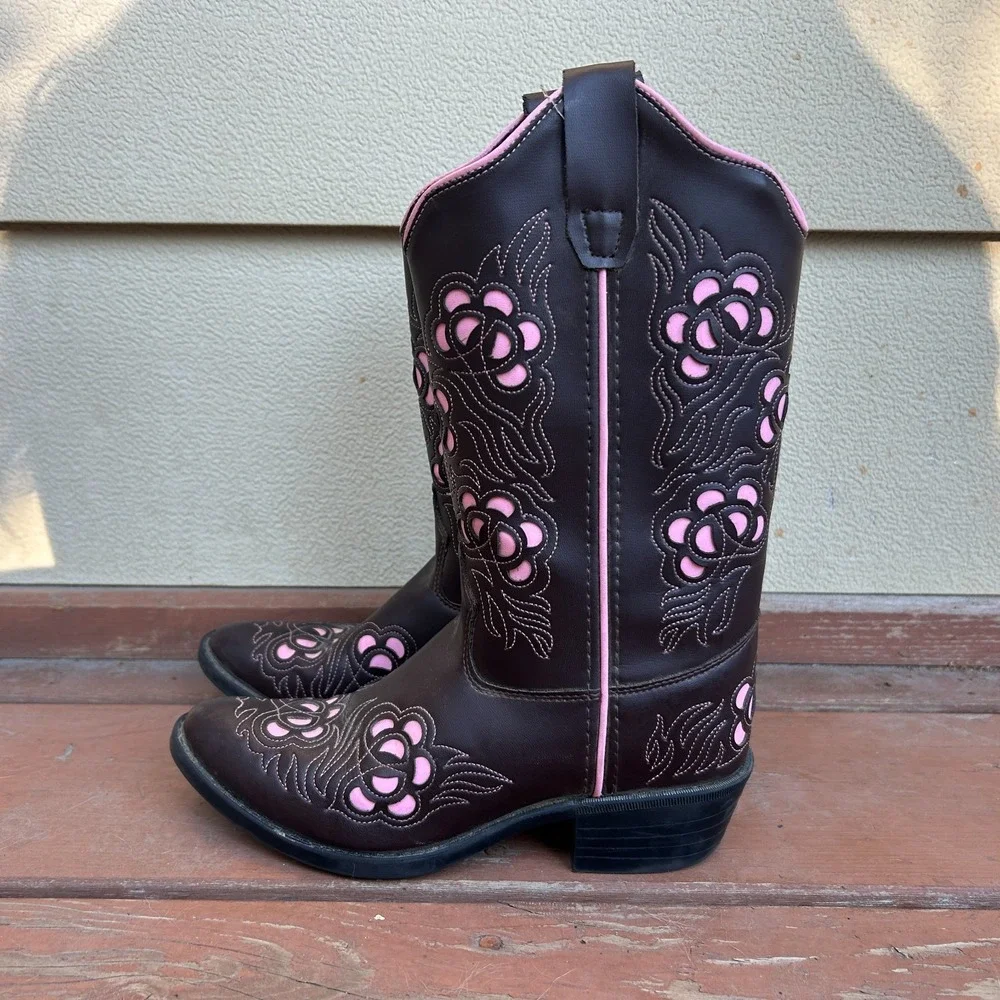 Old West Kids Western Cowboy Boots Brown Pink Rodeo Cut Out Flowers Size 2.5